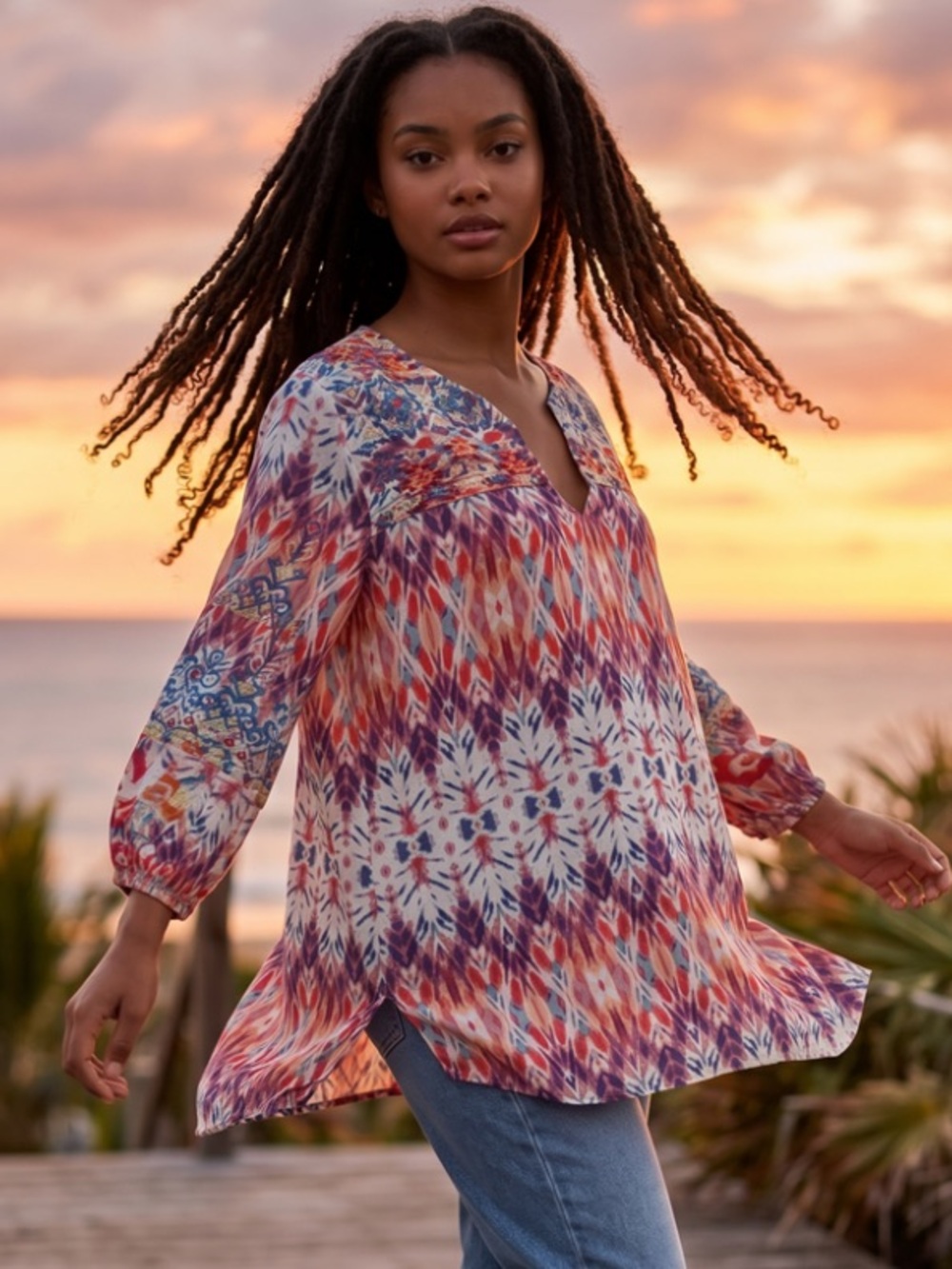 Savanna Jane colorful relaxed fit embroidered three quarter sleeve blouse